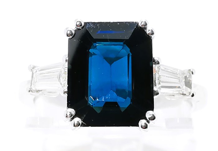 Ring - 18 kraat Hvidguld Ubehandlet Sapphire VIVID Deep Blue 410ct -  410ct tw Safir - Diamant