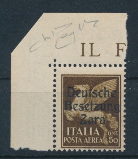 Tyske Rige - Besættelse af Zara 1943 - Italiensk luftpoststempel 50 cent med Zara-tryk og pladefejl i felt 1 - Michel Nr. 24 I PF II mit Fotobefund Brunel "echt  einwandfrei", Auflage nur 200 Stück