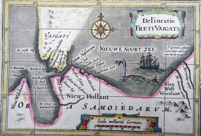 Asien - Rusland / Det Arktiske Hav / Vaygach Island / Sibirien; B. Langenes / P. Bertius / J. Hondius - Delineatio Freti Vaigats - 1601-1620