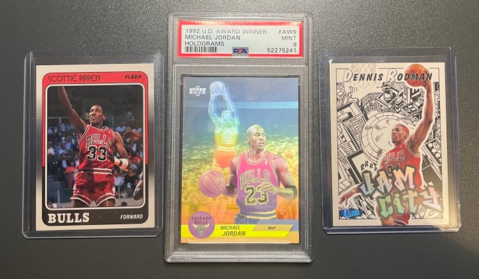 1988 -1997 - Fleer, Upper Deck, Ultra - Chicago Bulls - Michael Jordan Award Winner Hologram, Scottie Pippen Rookie, Dennis Rodman - 3 card lot PSA 9 - 3 Graded card