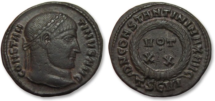 Romarriket Constantine I (AD 306-337) Follis Thessalonica mint circa 324 AD - D N CONSTANTINI MAX AVG - mintmark TSEVI -