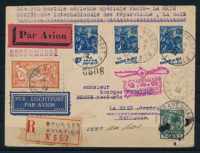 Frankrig 1923 - Første flyvning Paris - La Haye med lilla specielt bekræftelsesstempel