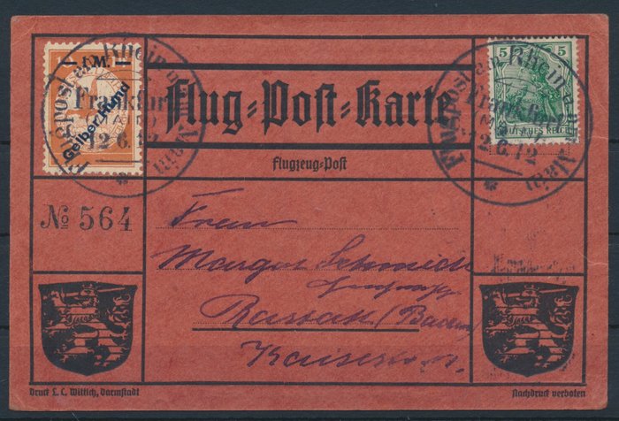 Tyske Kejserrige 1912 - Rhein-Main luftpost 3 x multifrankering såkaldt "Red Dog" på rødt luftpostkort - Michel Nr IV (3) Stempel Frankfurt 120612