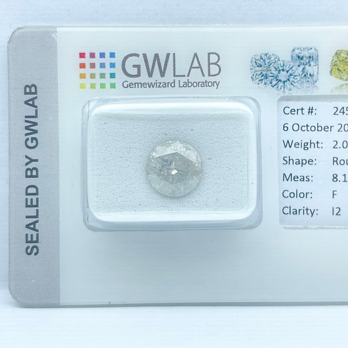 Ingen mindstepris - 1 pcs Diamant  (Natur)  - 2.09 ct - Rund - F - I2 - Gemewizard Gemological Laboratory (GWLab)