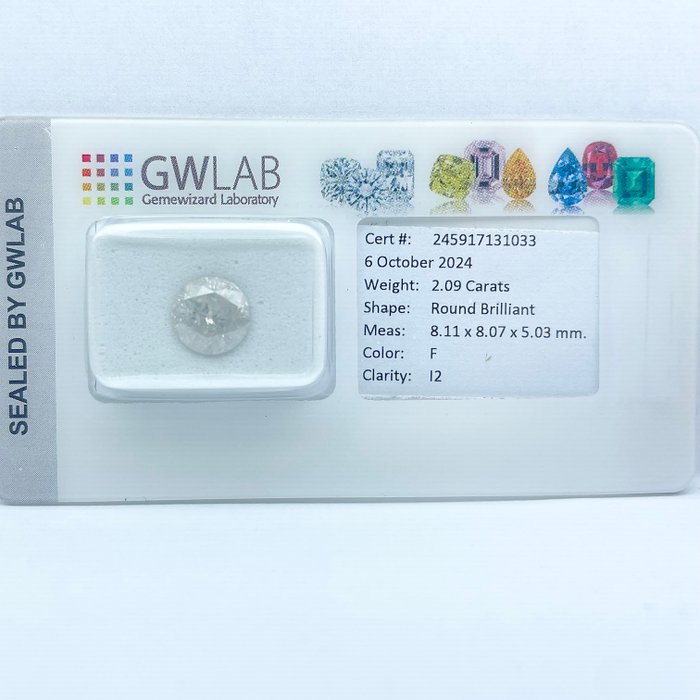 Ingen mindstepris - 1 pcs Diamant  (Natur)  - 2.09 ct - Rund - F - I2 - Gemewizard Gemological Laboratory (GWLab)