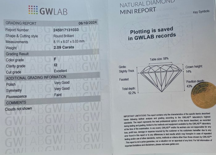 Ingen mindstepris - 1 pcs Diamant  (Natur)  - 2.09 ct - Rund - F - I2 - Gemewizard Gemological Laboratory (GWLab)