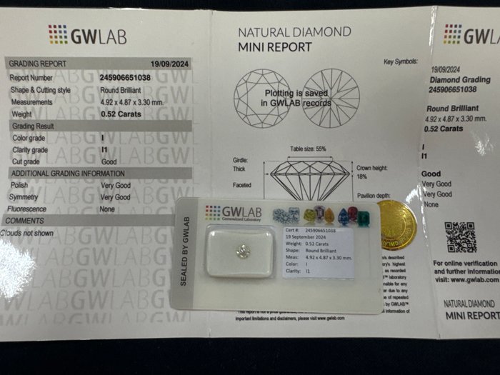 Ingen mindstepris - 1 pcs Diamant  (Natur)  - 0.52 ct - Rund - I - I1 - Gemewizard Gemological Laboratory (GWLab)