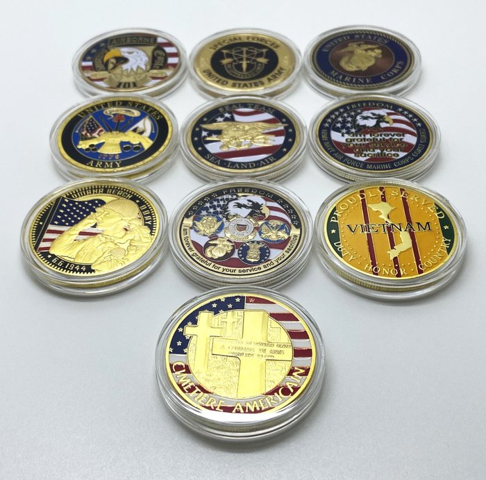 Förenta staterna Coins Set - USA Military - 10 Coins - Plated 24K Gold - Gifts Souvenir  (Ingen mindstepris)