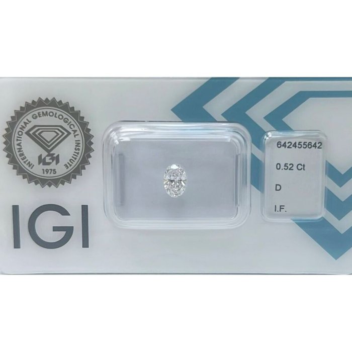 1 pcs Diamant  (Natur)  - 0.52 ct - Oval - D (farveløs) - IF - International Gemological Institute (IGI) - Top diamant