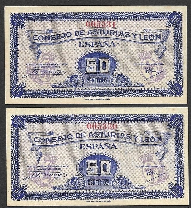 Spanien. - Consejo de Asturias y Leon -2 x  50 Centimos- Consecutives 1937 - Pick S-603