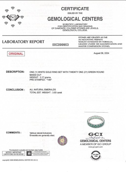 Ingen mindstepris - Ring - 14 karat Hvidguld -  3.03ct. tw. Smaragd - GCI