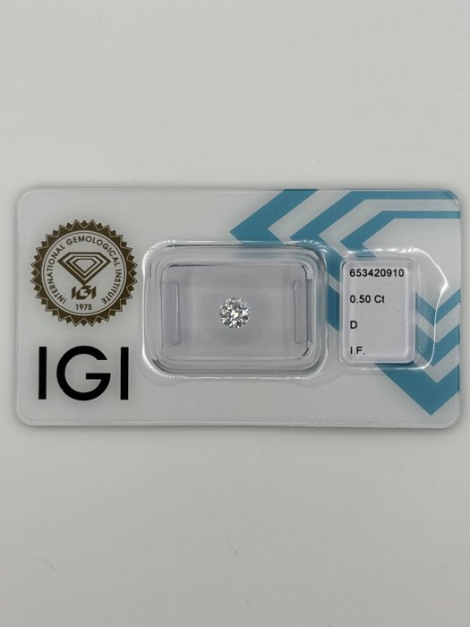 1 pcs Diamant  (Natur)  - 0.50 ct - Rund - D (farveløs) - IF - International Gemological Institute (IGI) - *3EX*