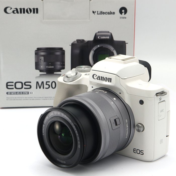 Canon EOS M50 wit + EF-M 15-45mm F/3.5-6.3 IS STM met nog maar 8000 clicks! #MIRRORLESS Digitalt refleks kamera (DSLR)