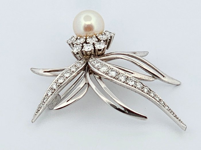 Broche - 18 kraat Hvidguld Diamant (Natur)  - Perle - Høj kvalitet og elegant