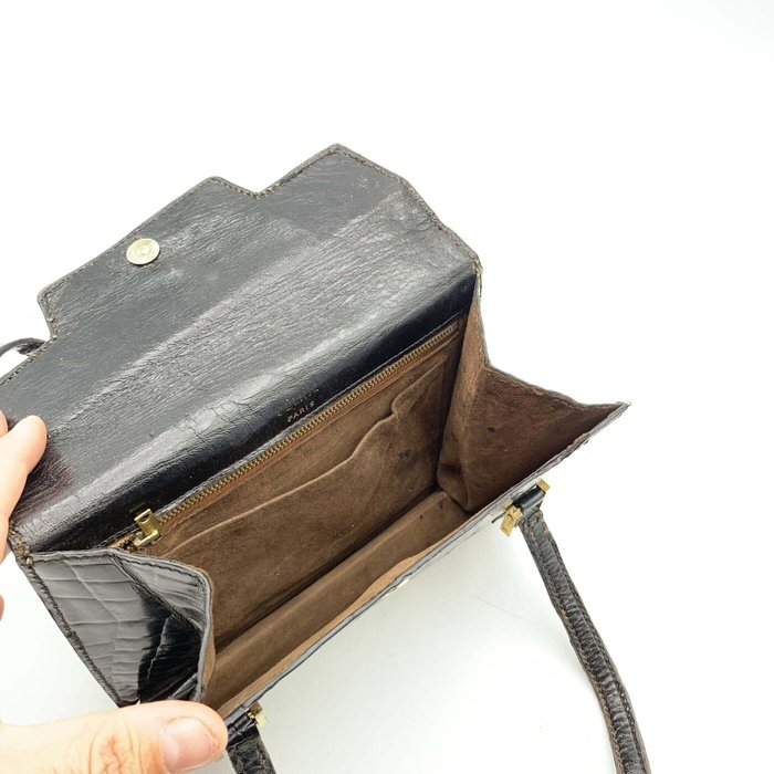 Céline - Vintage Black Leather Handbag Top Handle Bag - Håndtaske