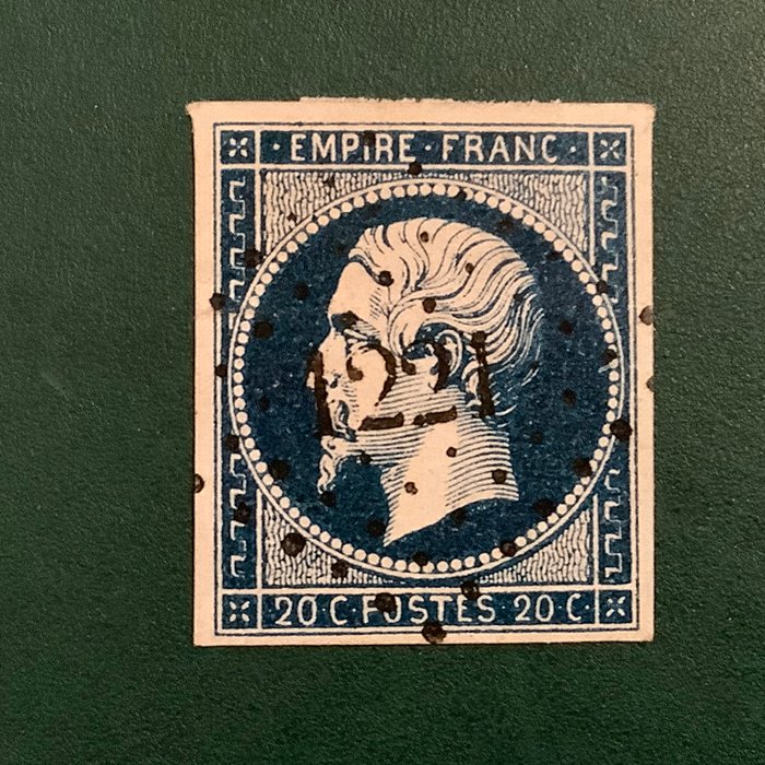 Frankrig 1854 - 20 cents Napoleon i blå sort nuance og god LP 1221 fra Cressensac - Yvert 14 Ab