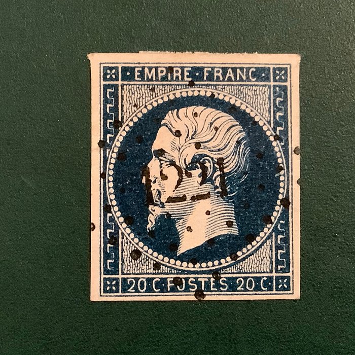 Frankrig 1854 - 20 cents Napoleon i blå sort nuance og god LP 1221 fra Cressensac - Yvert 14 Ab