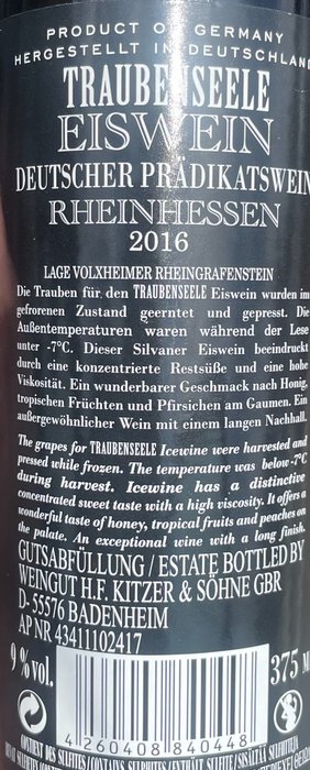 2016 Kitzer "Traubenseele" Volxeimer Rheingrafenstein, Silvaner Eiswein - Baden - Halve flasker (0,375 L)