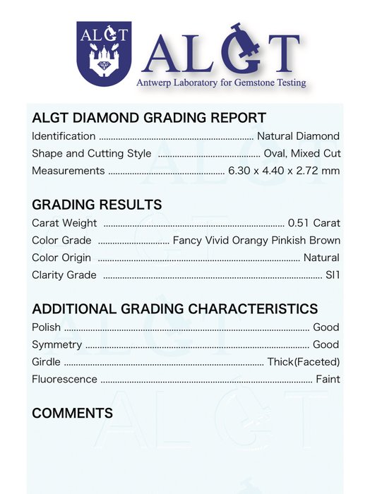 1 pcs Diamant  (Naturfarvet)  - 0.51 ct - Oval - Fancy vivid Orange nuance, Rosa Brun - SI1 - Antwerp Laboratory for Gemstone Testing (ALGT)