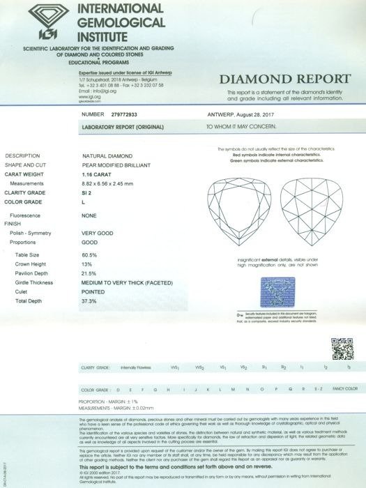 1 pcs Diamant  (Natur)  - 116 ct - Pære - L - SI2 - International Gemological Institute (IGI)