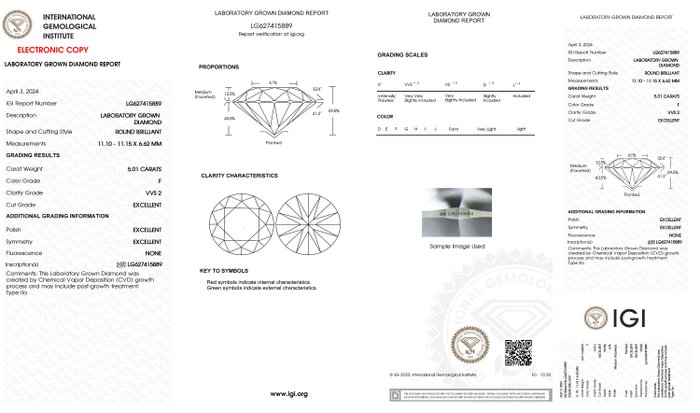 Ingen mindstepris - Ring - 18 kraat Hvidguld -  5.01ct. tw. Diamant (Laboratoriedyrket) - Runde F-VVS2