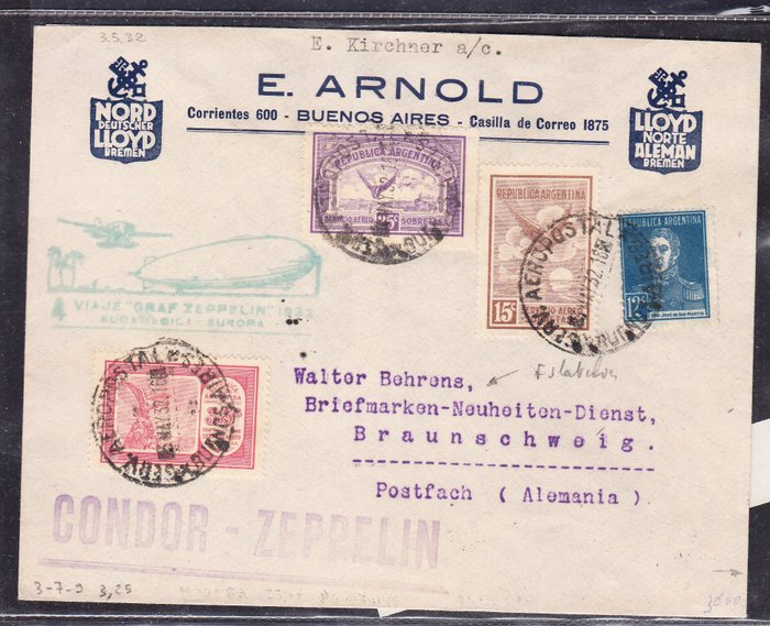 Argentina 1932 - Brev fra 4. flyvning via Condor Zepelin fra BuenosAires til Tyskland med officielle aflysninger - Michel 242ba