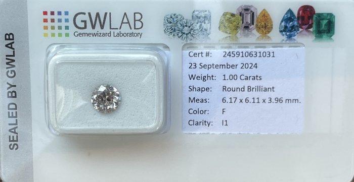 Ingen mindstepris - 1 pcs Diamant  (Natur)  - 1.00 ct - Rund - F - I1 - Gemewizard Gemological Laboratory (GWLab)