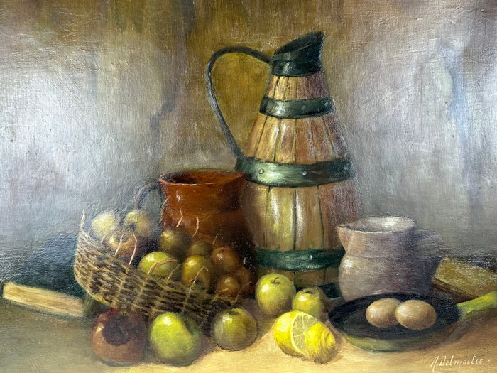 L.A. Delmoitie (1867-?) - Still life in kitchen