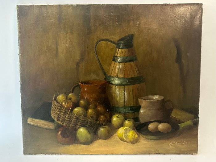 L.A. Delmoitie (1867-?) - Still life in kitchen