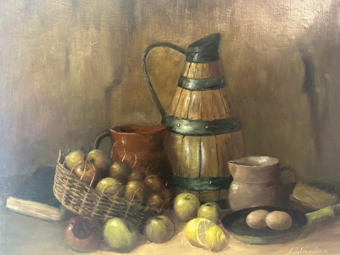 L.A. Delmoitie (1867-?) - Still life in kitchen