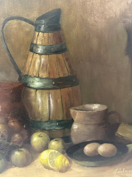 L.A. Delmoitie (1867-?) - Still life in kitchen