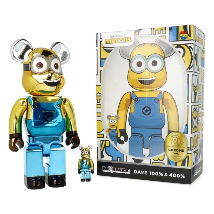 Medicom Toy Be@rbrick - Minion Dave (Chrome ed) 400%  100% Bearbrick set