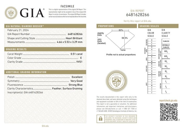 1 pcs Diamant  (Natur)  - 0.51 ct - Hjerte - E - VVS1 - Gemological Institute of America (GIA)