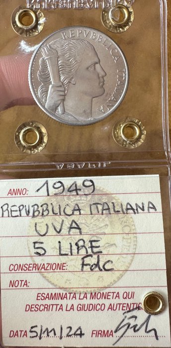 Italien. 5 Lire 1949 “ Uva “  (Ingen mindstepris)