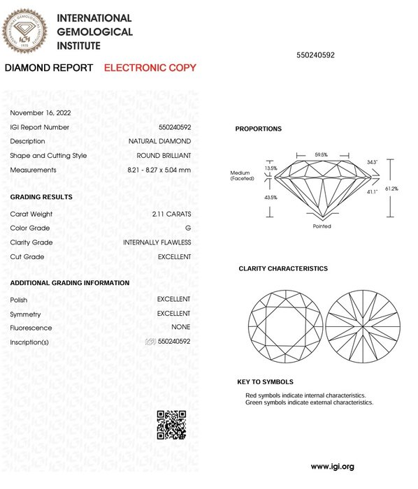 1 pcs Diamant  (Natur)  - 2.11 ct - Rund - G - IF - International Gemological Institute (IGI) - Ex Ex Ex Ingen