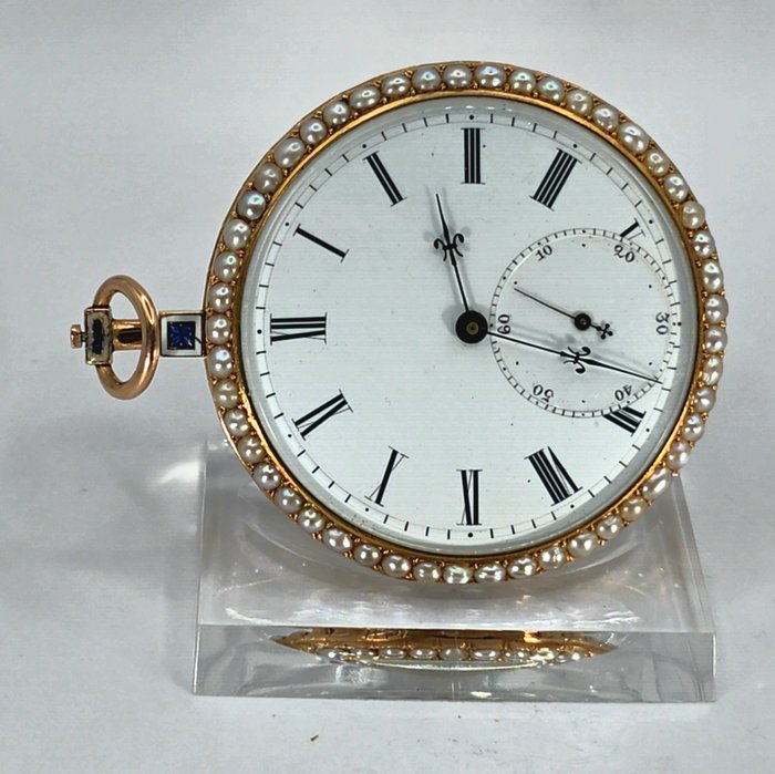 Genève - 18kt. Schmucklepine - Emaille - Perlen - Diamanten - seltener Aufzug - Schweiz omkring 1860