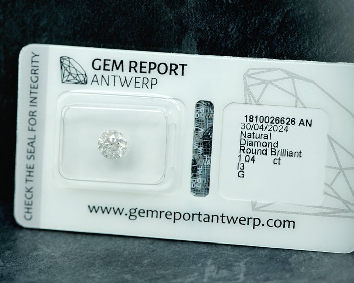 Ingen mindstepris - 1 pcs Diamant  (Natur)  - 1.04 ct - G - I3 - Gem Report Antwerp (GRA)