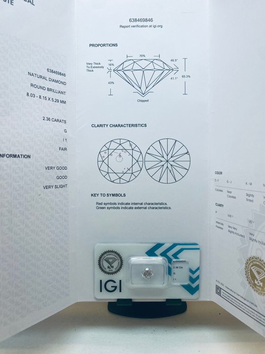 Ingen mindstepris - 1 pcs Diamant  (Natur)  - 2.36 ct - Rund - G - I1 - International Gemological Institute (IGI)