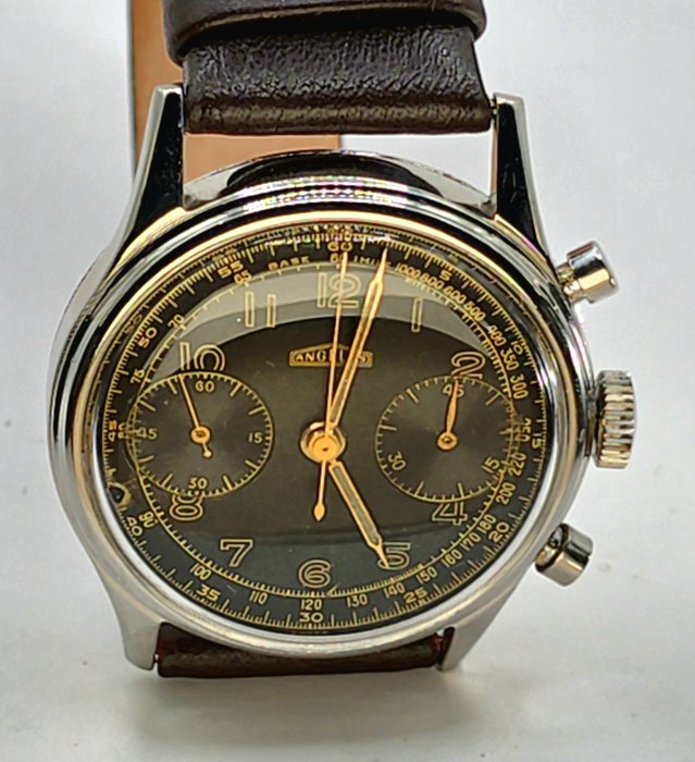 ANGELUS - Stahl Flieger Chronograph, - Angelus Kaliber 215 - schwarzes Ziffernblatt - Mænd - Schweiz 1950