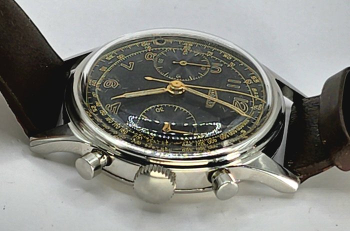 ANGELUS - Stahl Flieger Chronograph, - Angelus Kaliber 215 - schwarzes Ziffernblatt - Mænd - Schweiz 1950