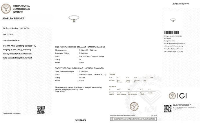 Ring - 14 karat Hvidguld -  0.75ct. tw. Diamant (Naturfarvet) - Diamant