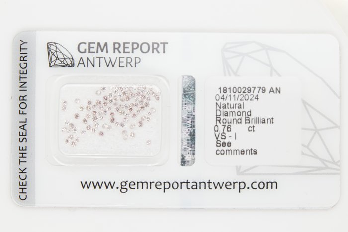 Ingen mindstepris - 94 pcs Diamant  (Natur)  - 0.76 ct - Rund - I1, I2, I3, SI1, SI2, VS1, VS2 - Gem Report Antwerp (GRA) - INGEN RESERVEPRIS