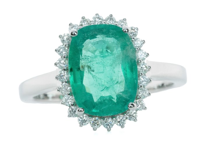 Ring - 18 kraat Hvidguld, Intens Green (Zambia) -  3.07ct. tw. Smaragd - Diamant - 0,26 ct - SI