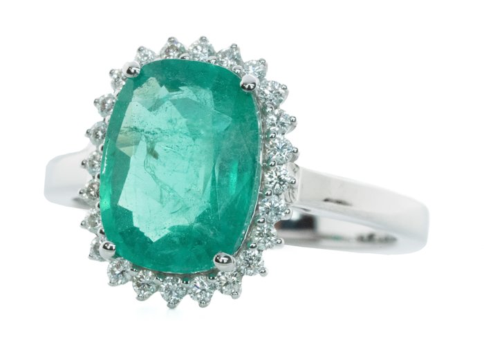 Ring - 18 kraat Hvidguld, Intens Green (Zambia) -  3.07ct. tw. Smaragd - Diamant - 0,26 ct - SI