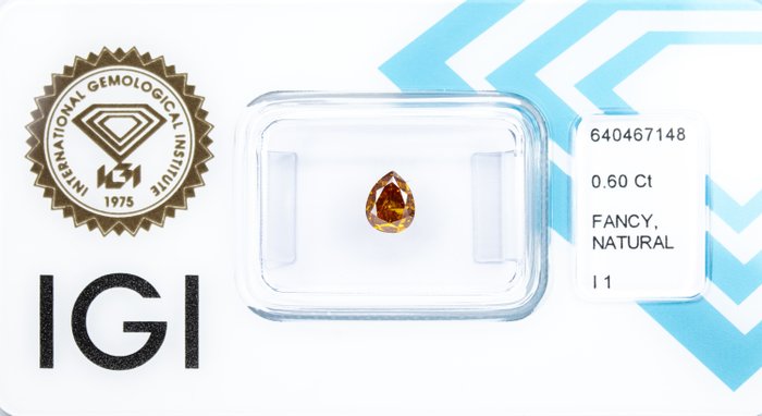 Ingen mindstepris - 1 pcs Diamant  (Naturfarvet)  - 0.60 ct - Pære - Fancy deep Gullig Orange - I1 - International Gemological Institute (IGI)