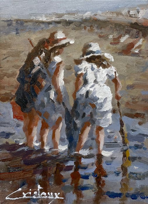 Francis Cristaux (1950) - Pêche aux Coquillages - Trois Copines sur la Plage