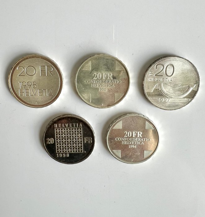 Schweiz. 20 Frank 1994/1998 (5 coins)  (Ingen mindstepris)