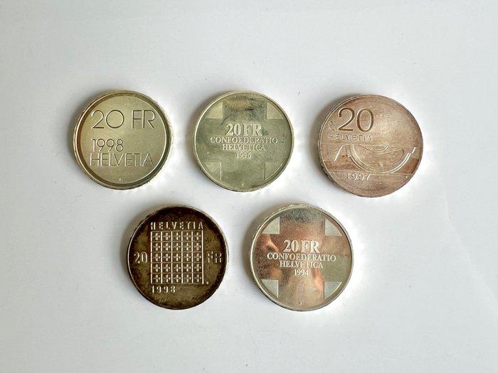 Schweiz. 20 Frank 1994/1998 (5 coins)  (Ingen mindstepris)