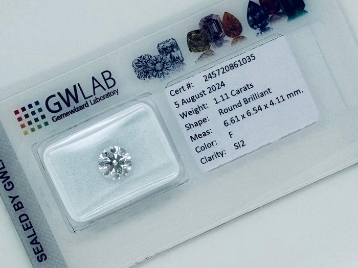 1 pcs Diamant  (Natur)  - 1.11 ct - Rund - F - SI2 - Gemewizard Gemological Laboratory (GWLab) - Ingen reservepris