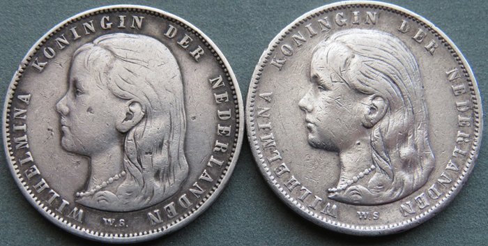 Holland. Wilhelmina (1890-1948). 1 Gulden 1892 en 1897  (Ingen mindstepris)